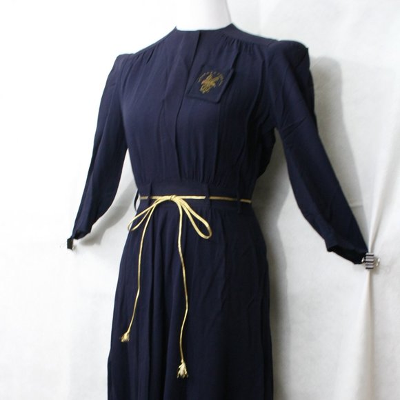 Unknown Dresses & Skirts - Vintage 40's Navy Blue Crepe Dress w/Embroider Pocket & Gold Cord Belt SZ XS EUC
